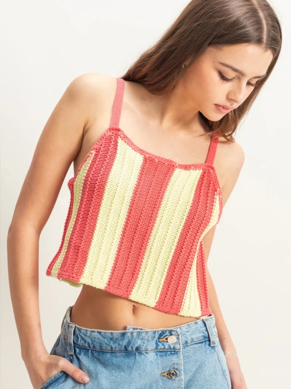 HYFVE Vertical Striped Knit Cami Top Crochet Crop Tank Top